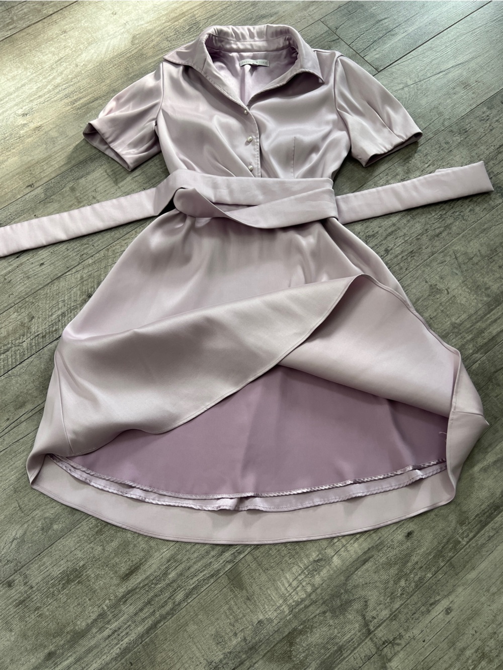 Preston & York Lavender Midi Shirt Dress with tie, puff sleeve and pearl buttons - Picture 5 of 14